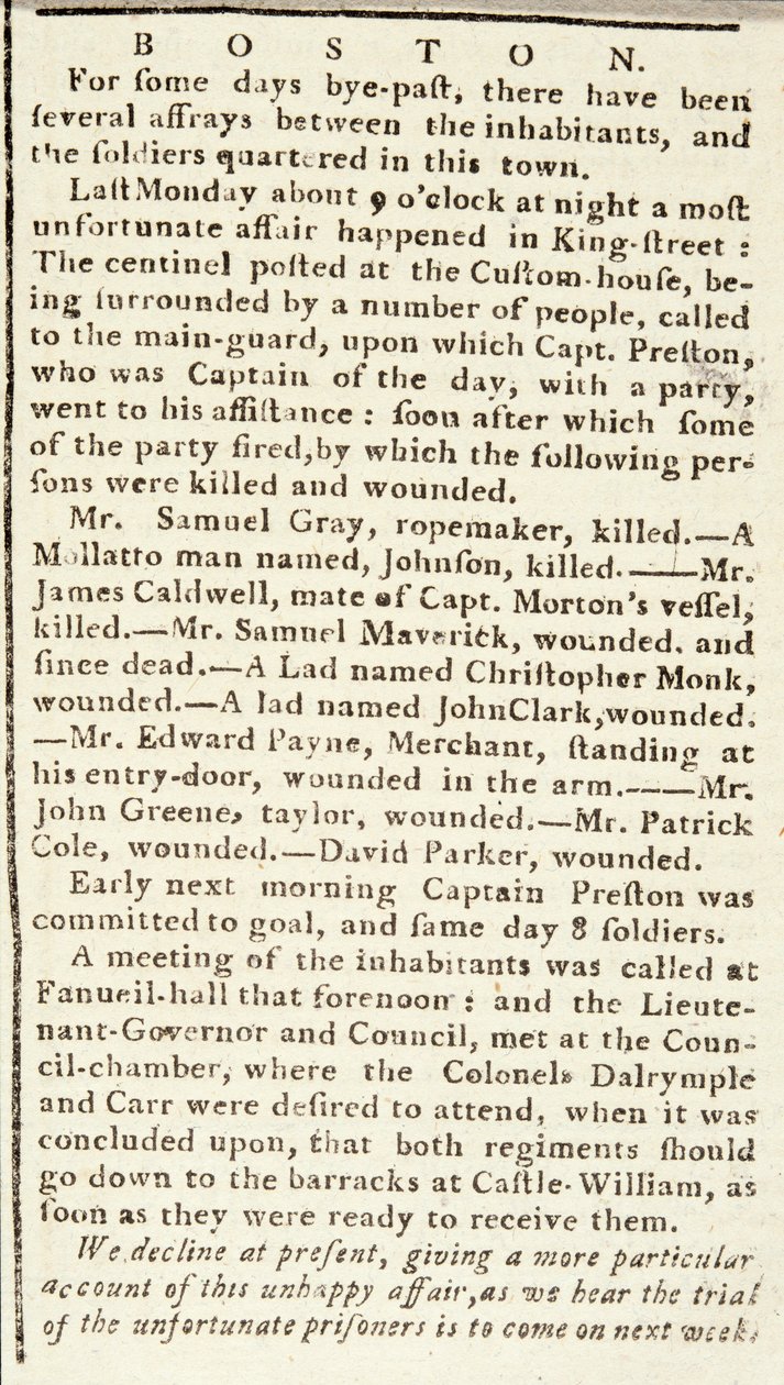 Article from the Boston Chronicle detailing the events of the Boston Massacre, 5th March, 1770 by American School