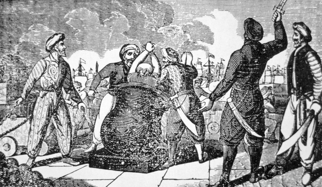 Barbary Corsairs return the French Consul at Algiers to his ship, by cannon by American School