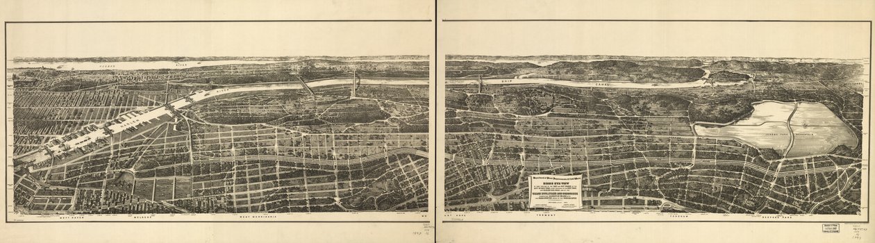 Birds eye view of that portion of the 23rd and 24th wards of the city of New York, lying westerly of the New York and Harlem Railroad, and of the Grand Boulevard and Concourse connecting Manhattan Island with the park system north of the Harlem River by American School