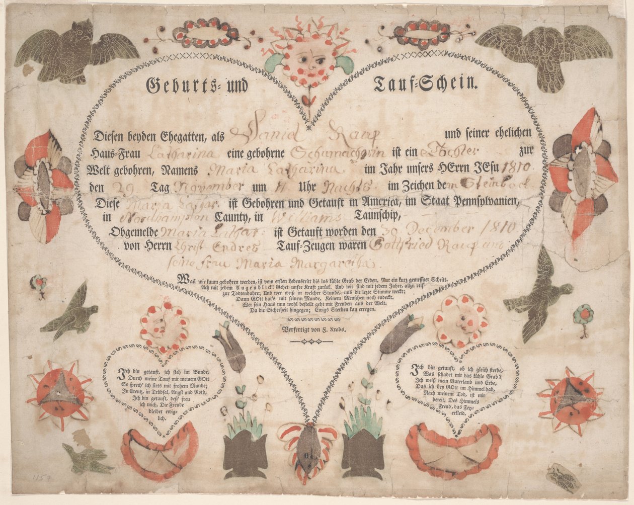 Birth and Baptismal Certificate for Maria Catharina Raup c.1806 by American School