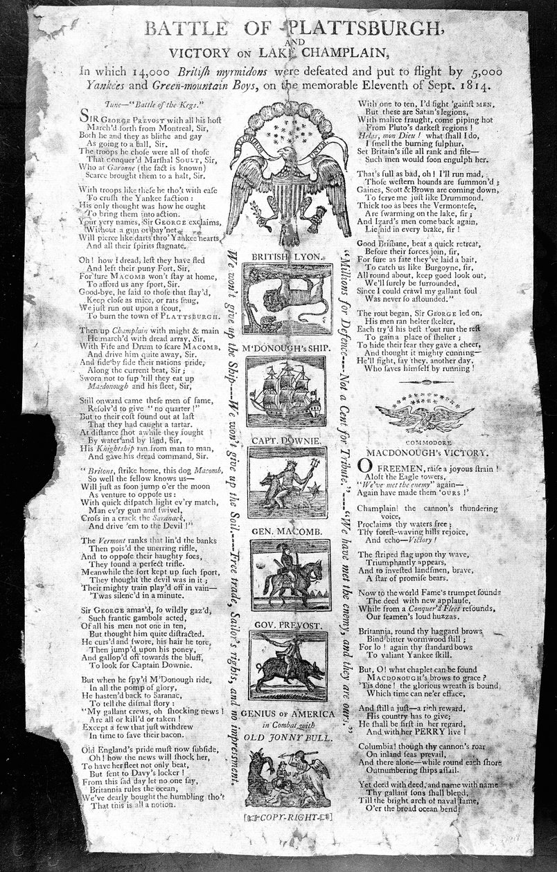 Broadside from the War of 1812, featuring Battle of Plattsburgh and Victory on Lake Champlain by American School