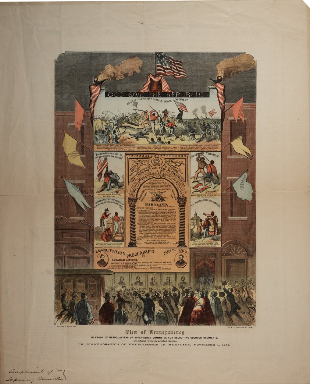 Broadside Regarding Recruitment of African Americans and Celebrating Emancipation in Maryland, Ringwalt & Brown, c.1 November 1864 by American School