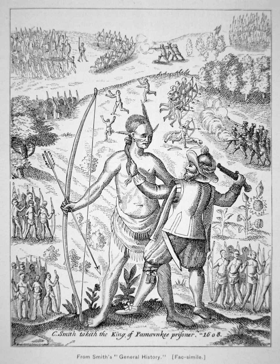 Captain John Smith capturing an Indian Chief in 1608, from Smith