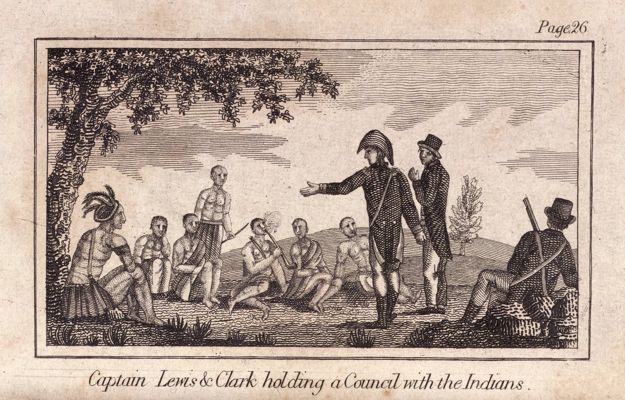 Captain Lewis & Clarke holding a Council with the Indians, pub. 1812 (engraving) by American School
