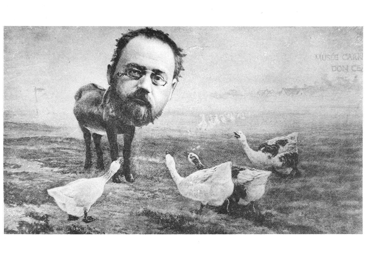 Caricature of Emile Zola, the donkey and the geese; from Life, 4th April 1889 by American School