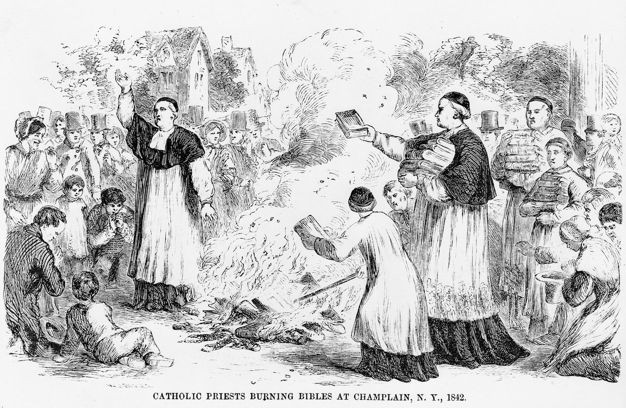 Catholic Priests Burning Bibles at Champlain, New York, illustration from an Anti-Catholic pamphlet, 1842 by American School
