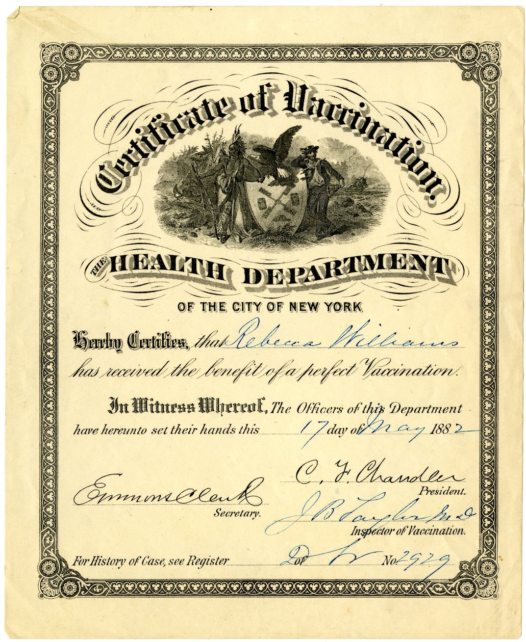 Certificate of Vaccination, the Health Department of the City of New York..., 1882 by American School