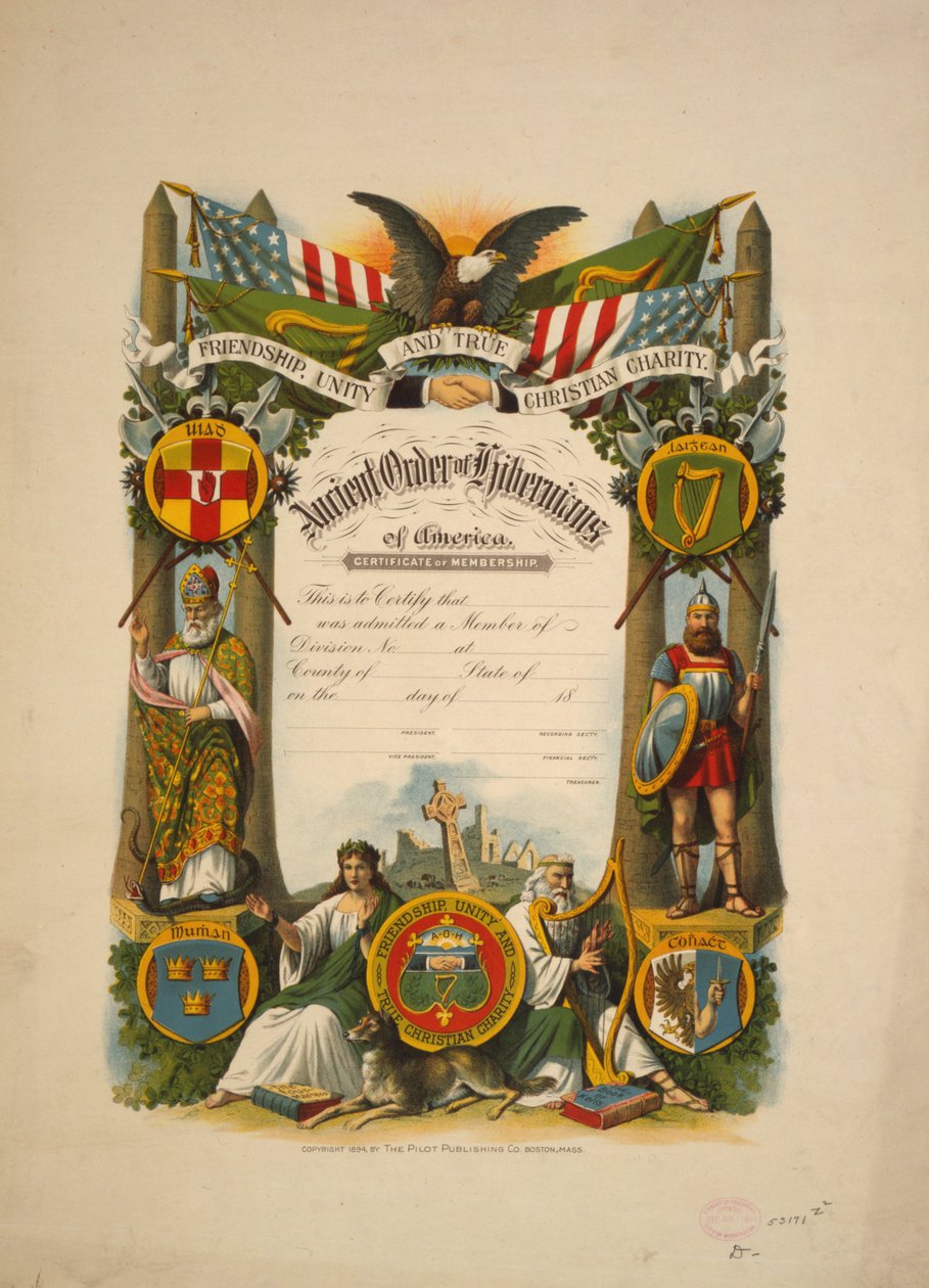 Certificate of membership in Ancient Order of Hibernians of America, c.1894 by American School