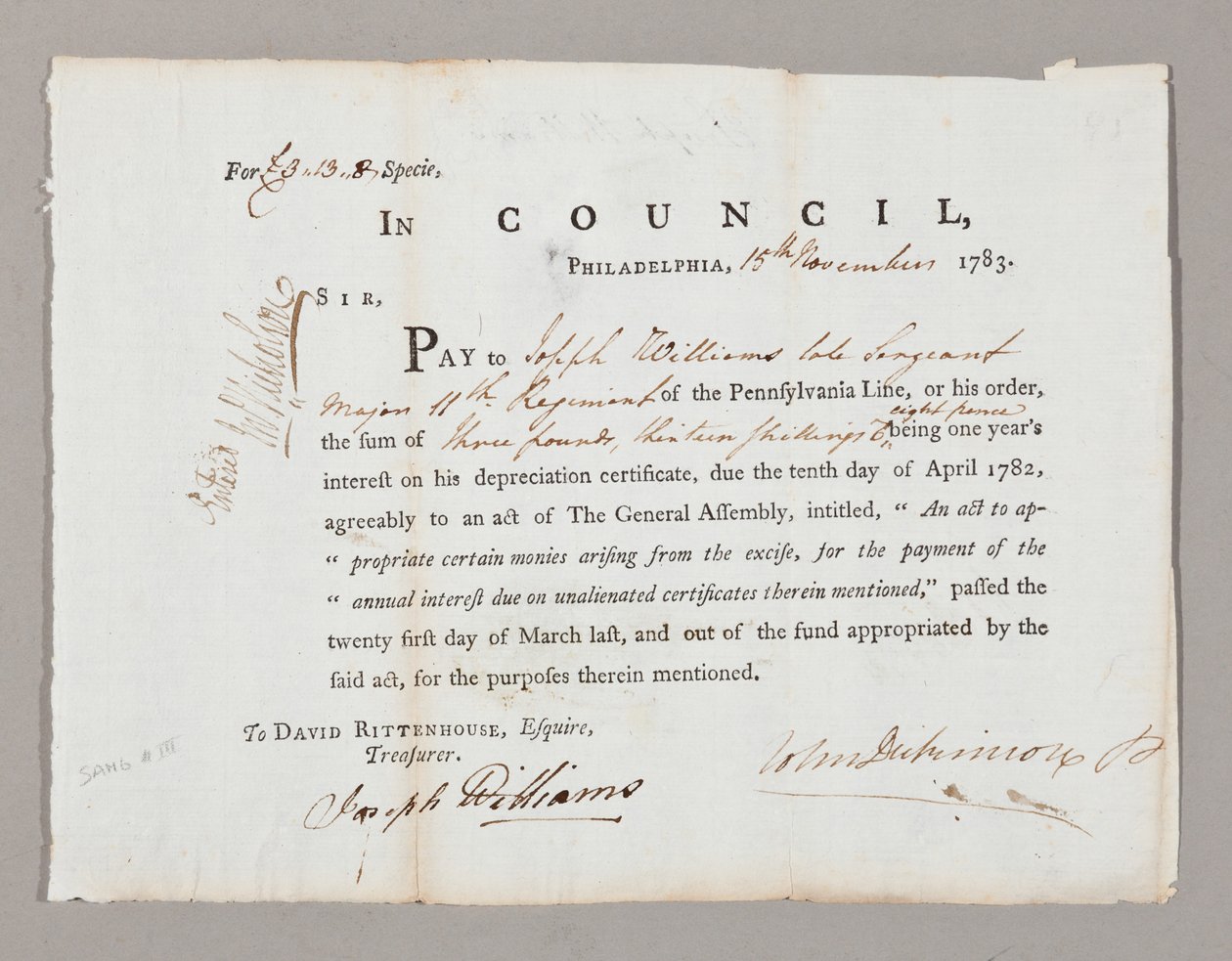 Cheque for Three Pounds and Thirteen Shillings to Joseph Williams, 13th November 1783 by American School