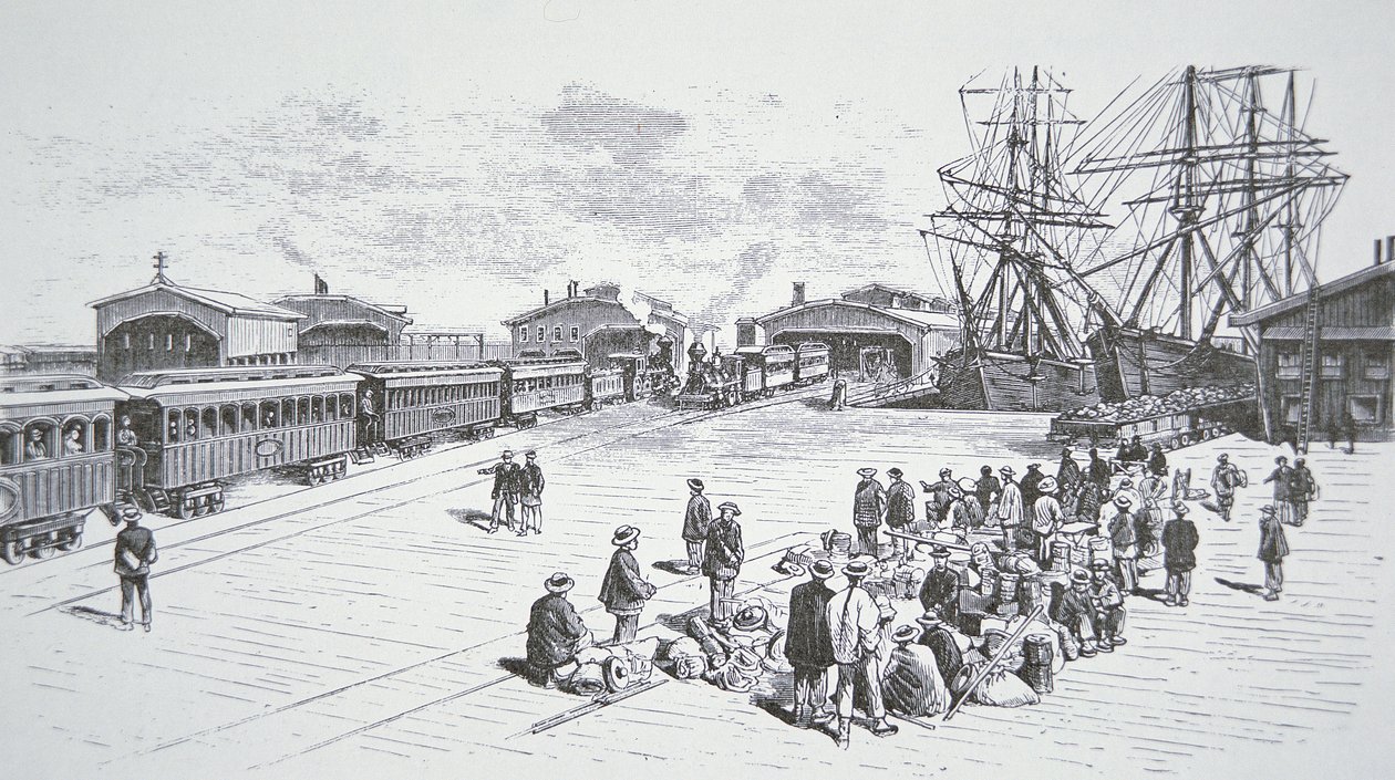 Chinese immigrants arriving in San Francisco to work on the transcontinental railroad during the 1860s by American School