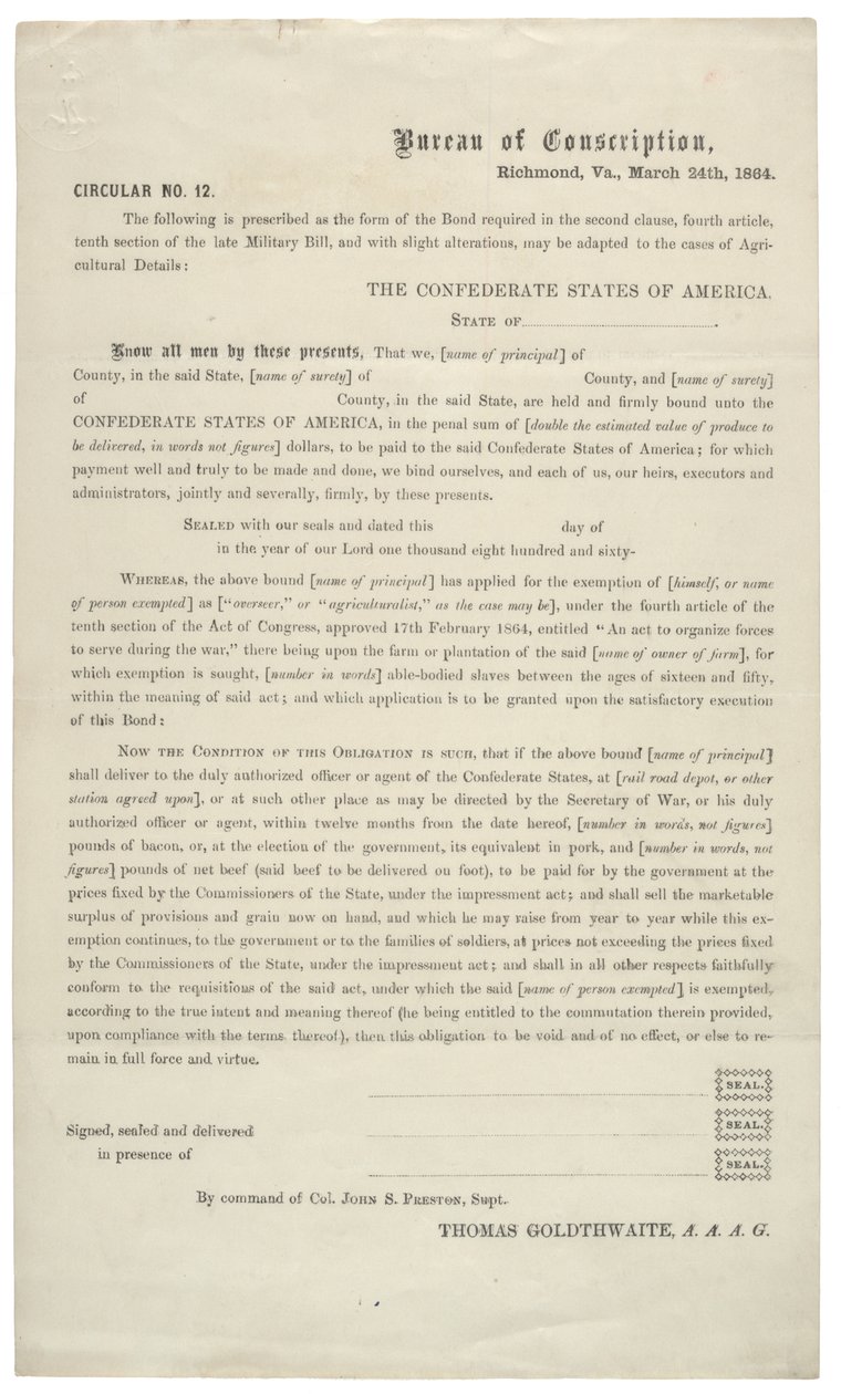Circular No. 12, a Blank Application for Exemption from Service in the Confederate Army, 24 March 1864 by American School
