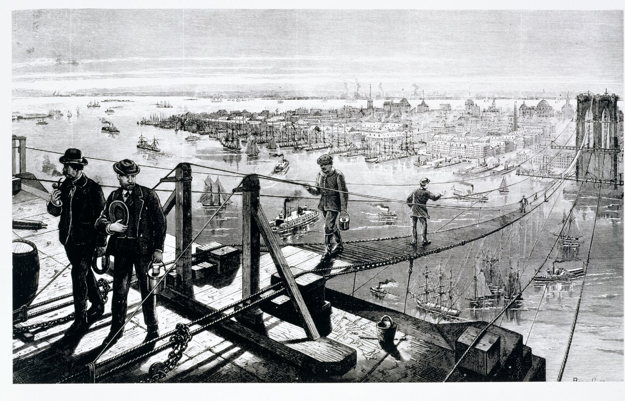 Construction of Brooklyn Bridge, New York by American School