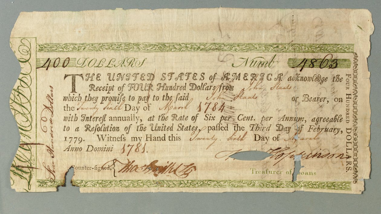 Continental Loan Office Certificate Number 4863 Signed by Treasurer Francis Hopkinson, 26 March 1781 by American School