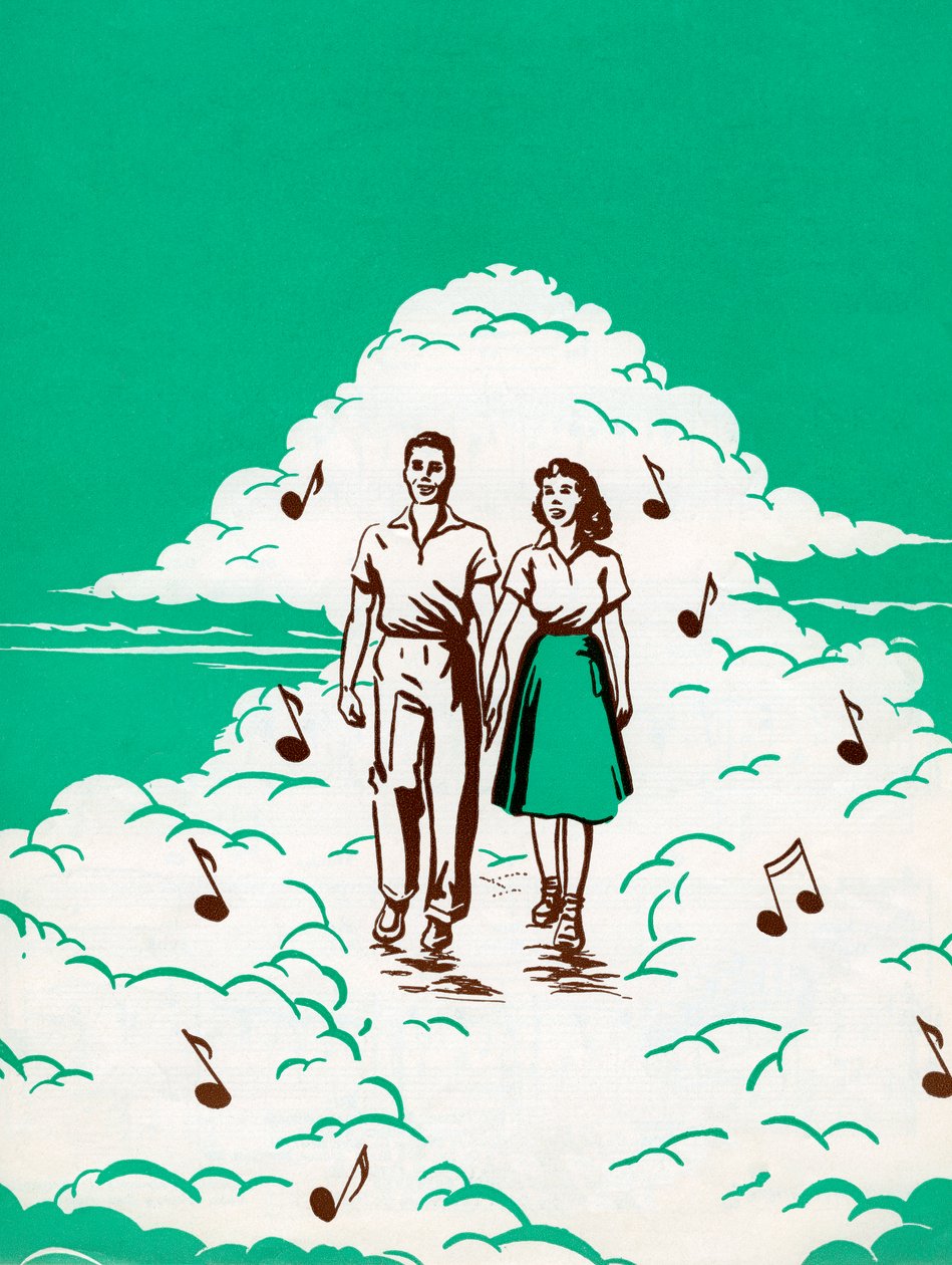 Couple Walking in Clouds Surrounded by Musical Notes by American School
