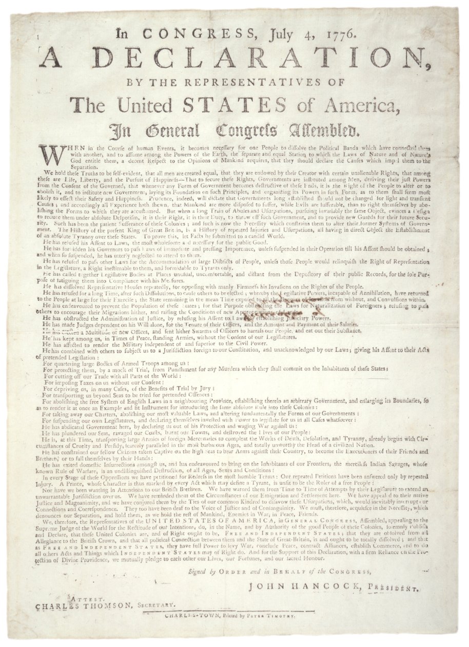 Declaration of Independence, Charleston, printed by Peter Timothy (1725-1782), c.2 August 1776 by American School