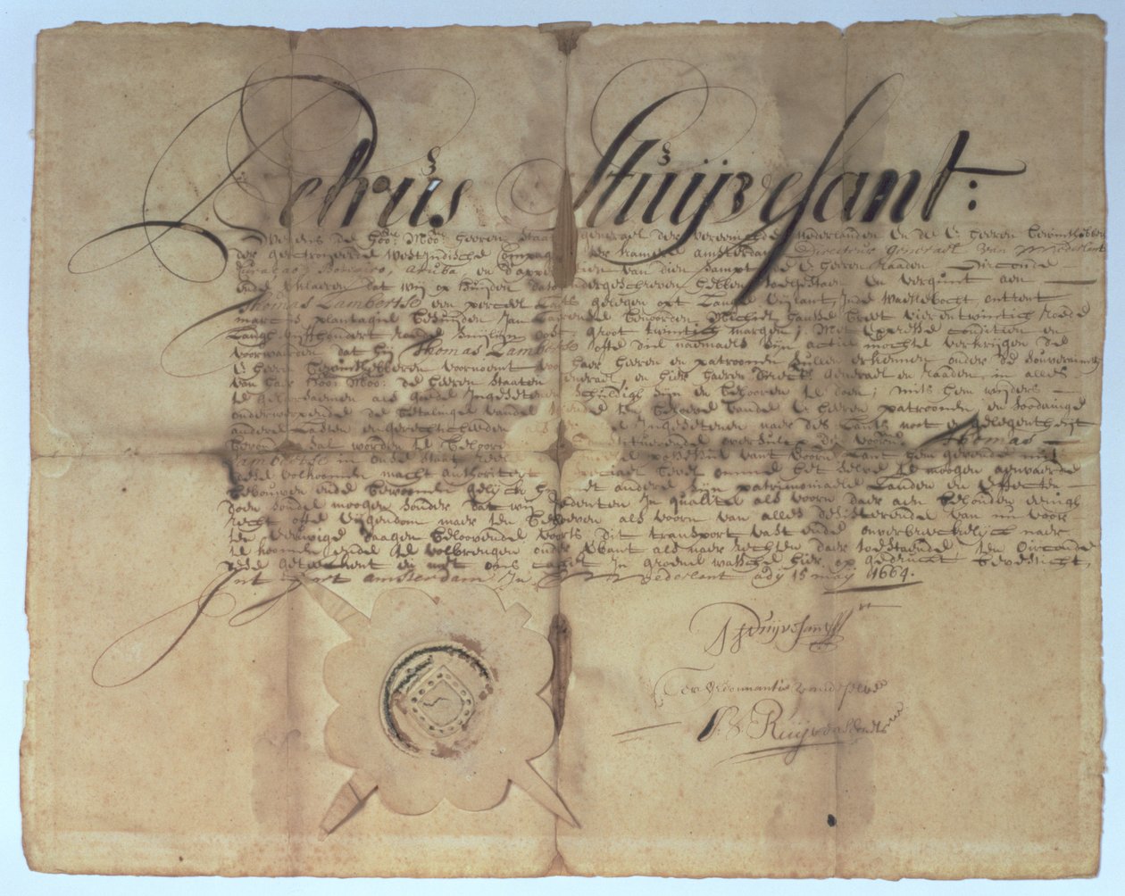 Deed Signed by Peter Stuyvesant, Director General of New Netherland, 15th May 1664 by American School