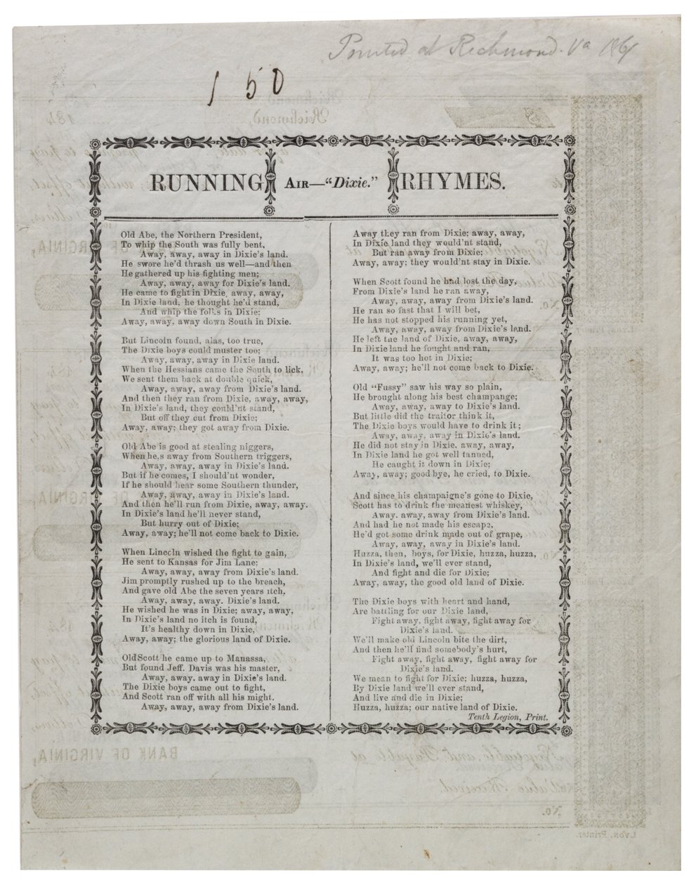 Dixie Printed on Back of a Sheet Checks, 1861 by American School