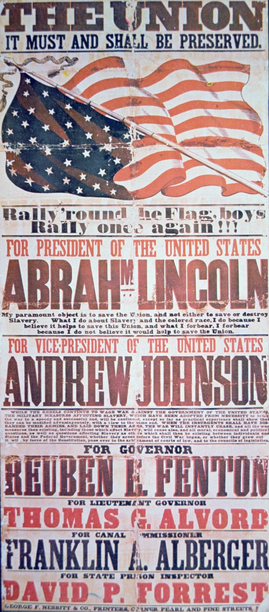 Electoral campaign poster for Abraham Lincoln (1809-65) for President and Andrew Johnson (1808-75) for Vice President by American School
