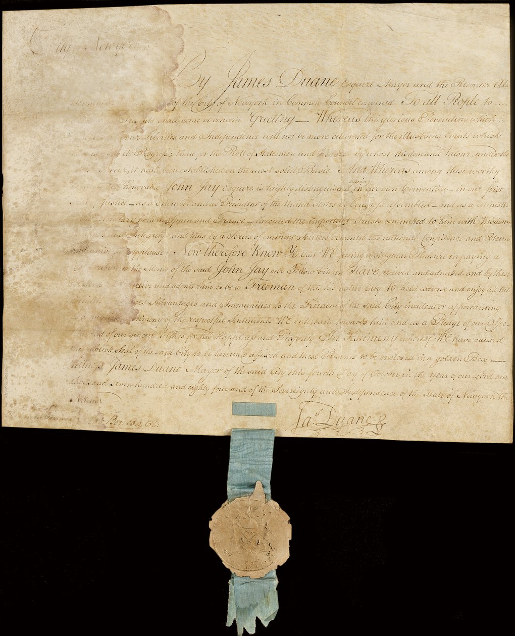 Engrossed Proclamation Granting the Freedom of the City to John Jay by American School