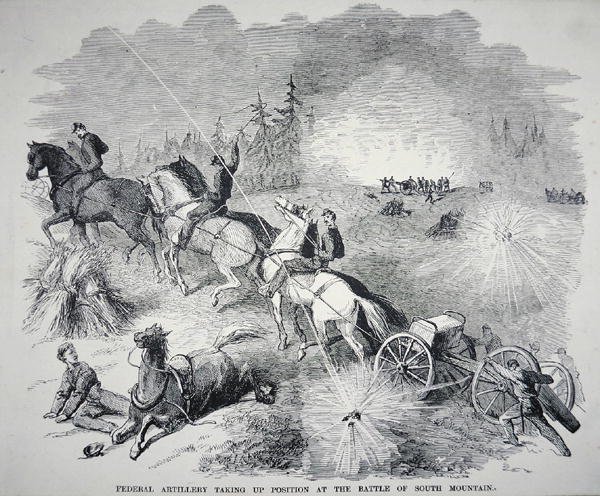 Federal artillery taking up position at the Battle of South Mountain, September 1862 by American School
