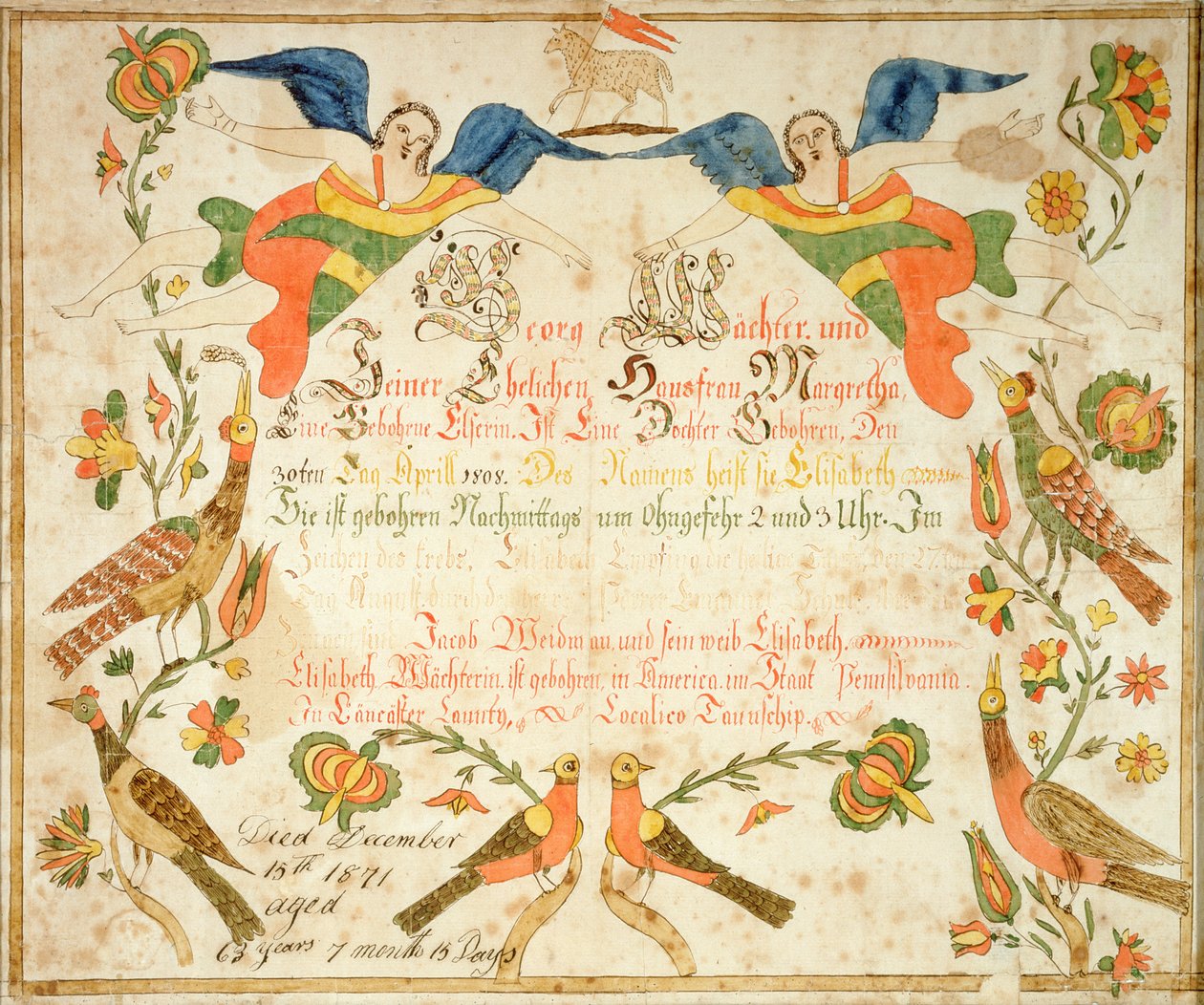 Fraktur for the Birth and Baptismal Certificate for Elizabeth Wachter (1808-71) 1808 by American School