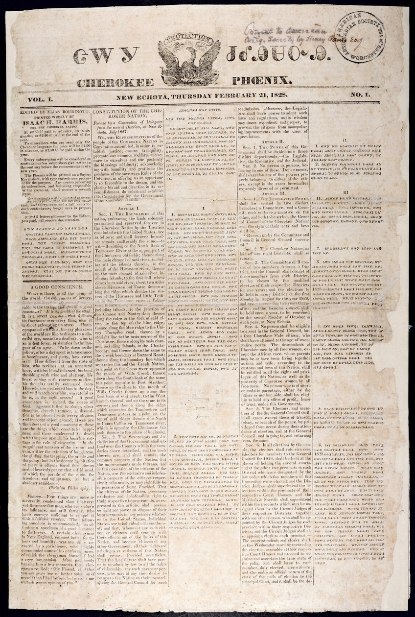 Front Page from the Cherokee Phoenix, 21st February, 1828 by American School