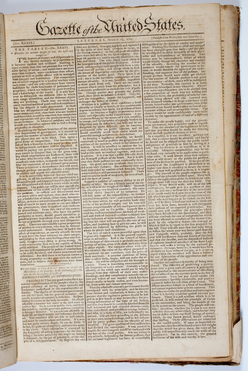 Front Page of the Gazette of the United States, April 15, 1789 by American School