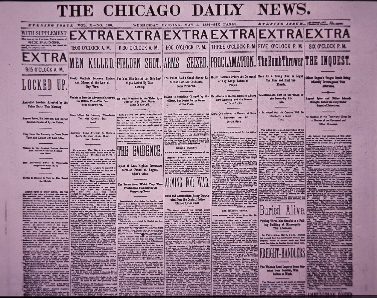 Front Page of The Chicago Daily News Reporting the Chicago Haymarket Labor Riot, 5 May 1886 by American School