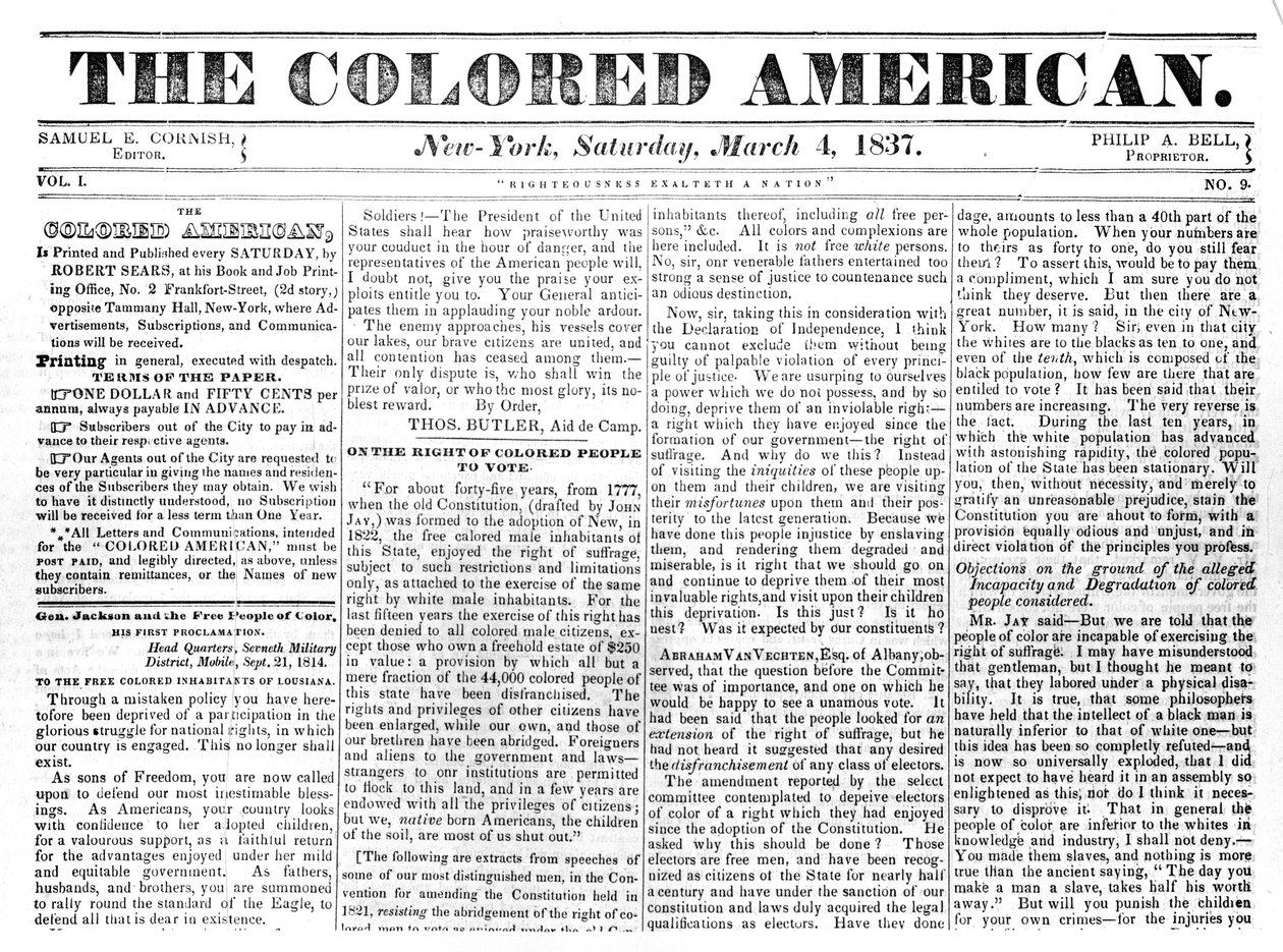 Front page of The Colored American, 4th March, 1867 by American School