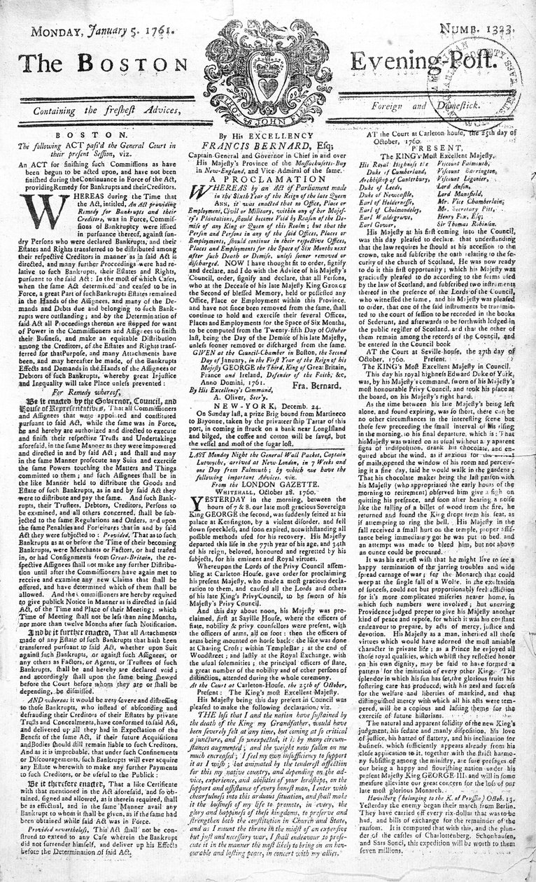 Front page of the Boston Evening Post announcing the death of King George II (1683-1760), 5th January, 1761 by American School