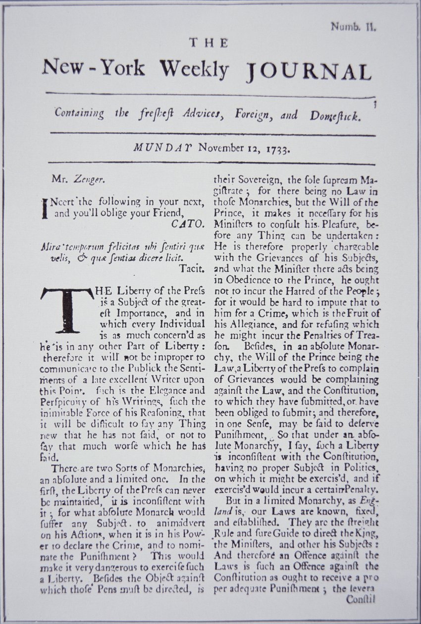 Front Page of the New-York Weekly Journal Discussing Freedom of Press by American School