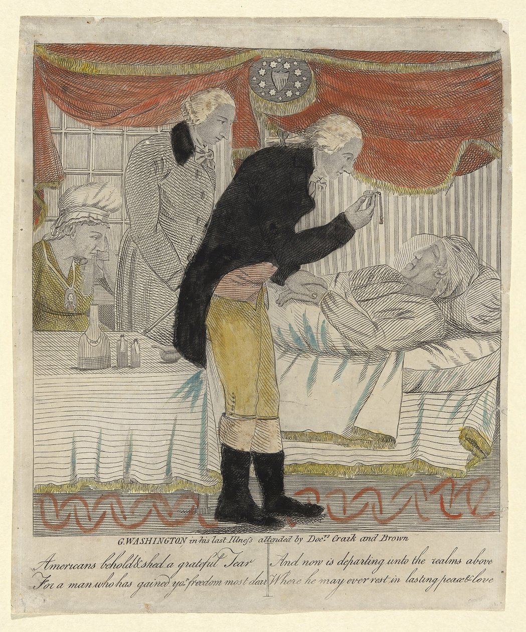 G. Washington in his last illness, attended by Drs Craik and Brown, pub. c.1800 by American School