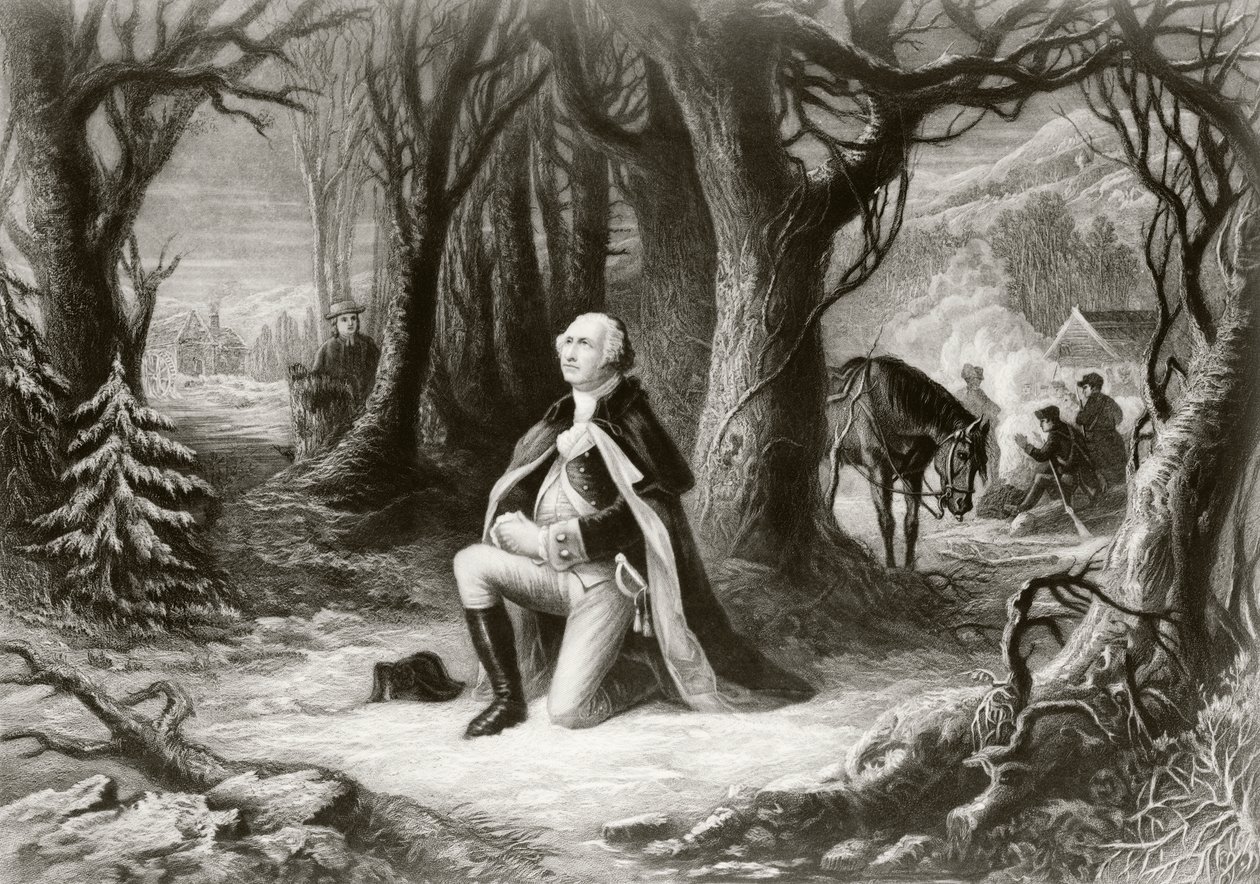 George Washington Prays at the American Revolutionary War Encampment of Valley Forge During the Winter of 1777-78, After a Painting by Henry Brueckner by American School