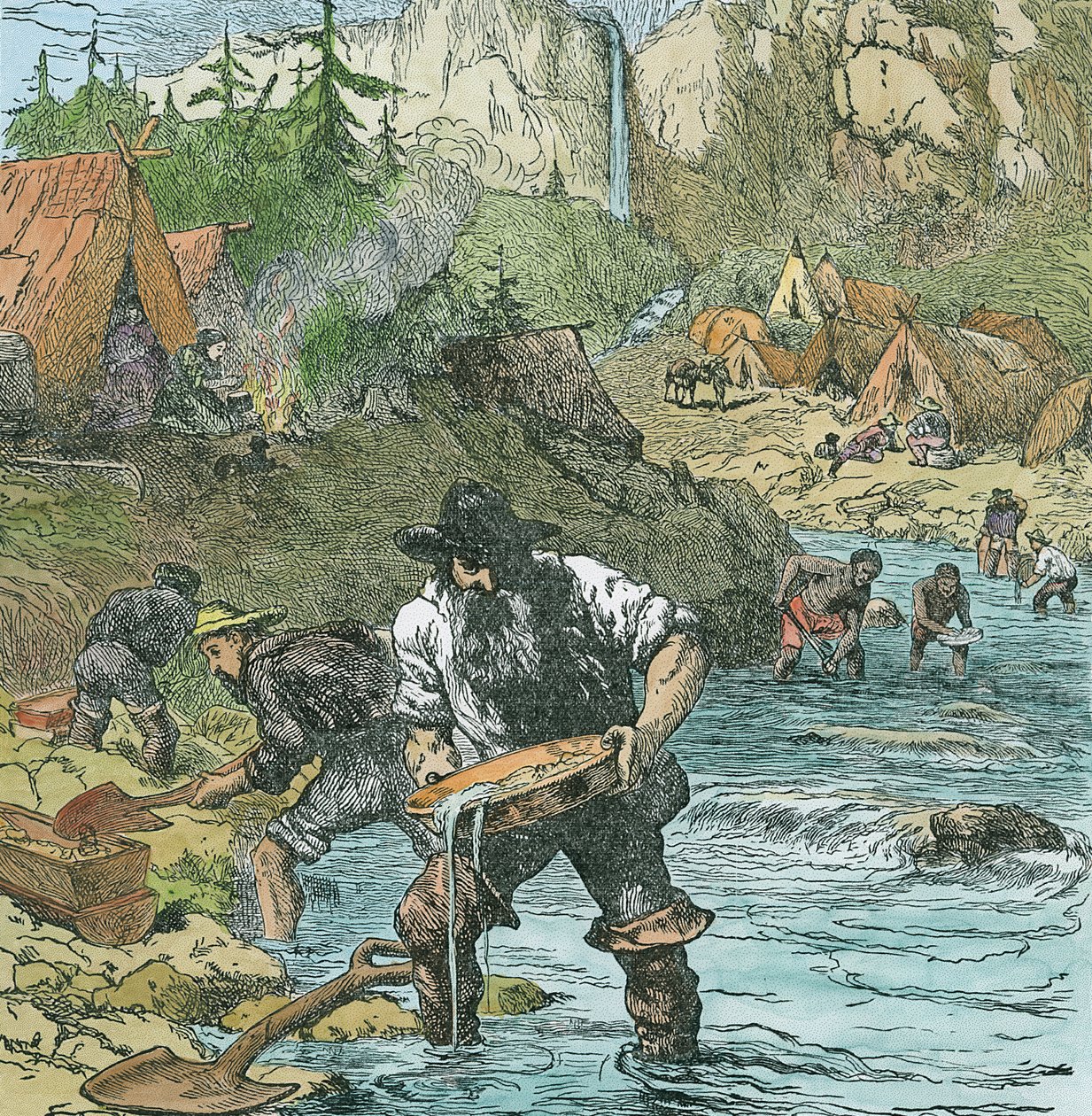 Gold Washing in California, from a book published in 1896 (hand coloured engraving) by American School