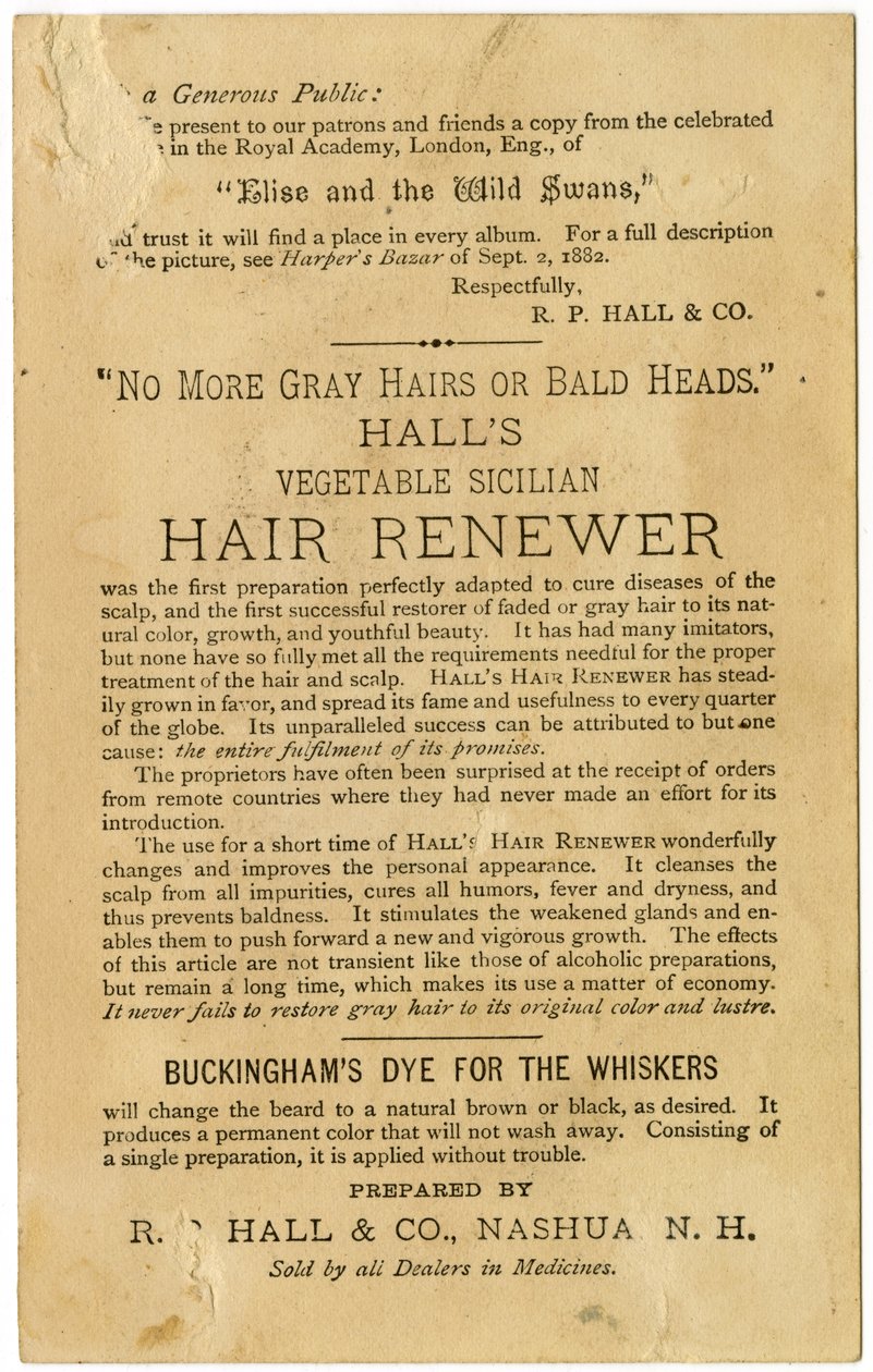 Halls Vegetable Sicilian Hair Renewer, Restores Gray Hair to its original color and prevents baldness. Verso by American School