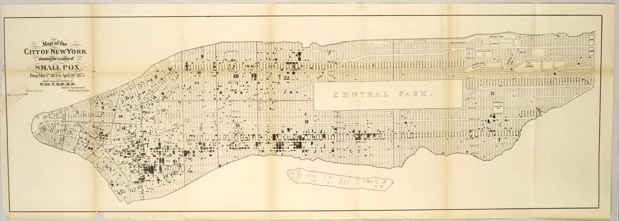 Map of the City of New York showing the Location of Small Pox, from May 1st 1874 to April 30th 1875 by American School
