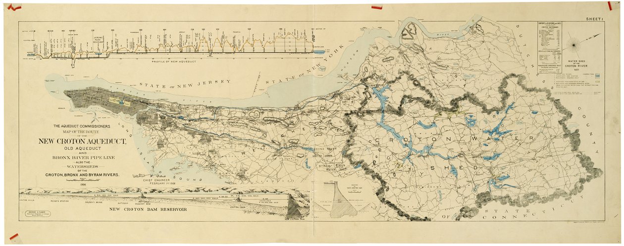 Map of the New Croton Aqueduct, Old Aqueduct and Bronx River Pipeline also the Watersheds of the Croton, Bronx by American School