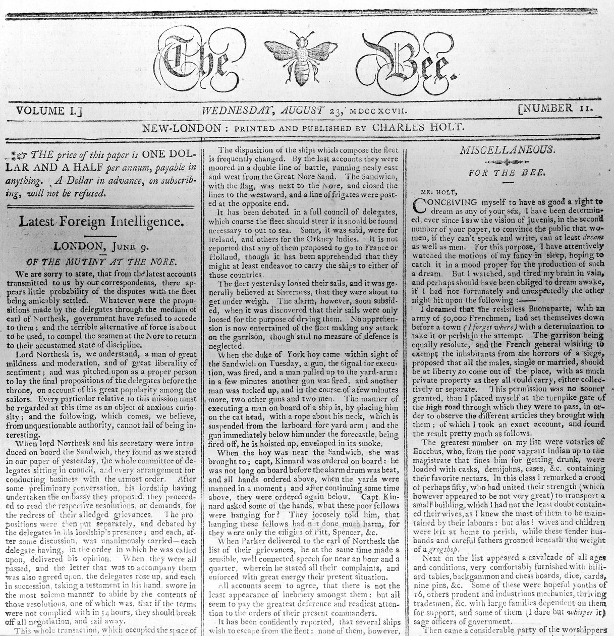 Masthead of The Bee, printed 23rd August 1797 by American School