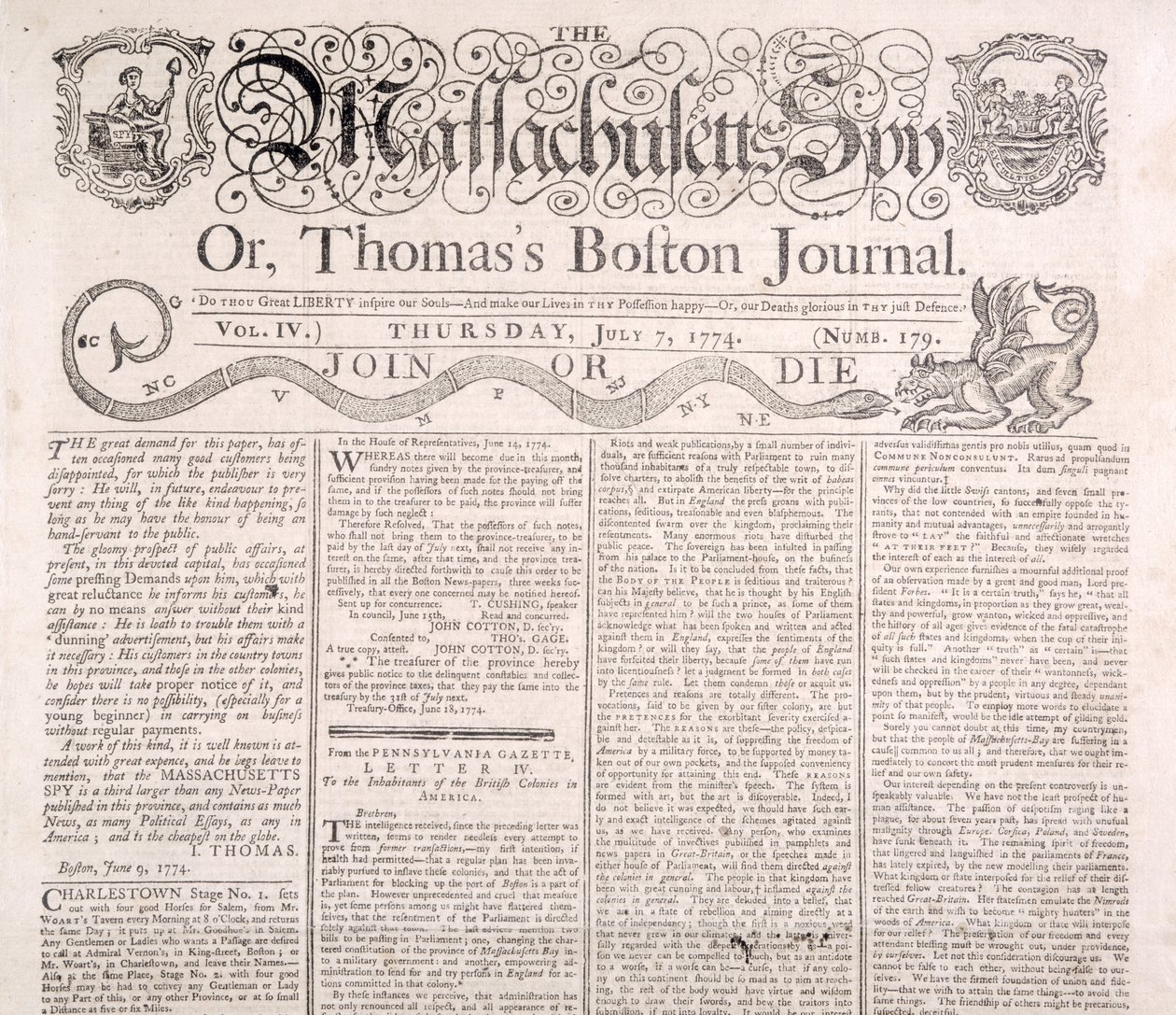 Masthead of the Massachusetts Spy 7th July 1774 by American School