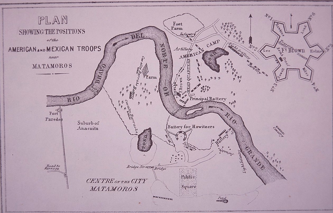 Mexican-American War, map of US troops near Rio Grande and Matamoros by American School