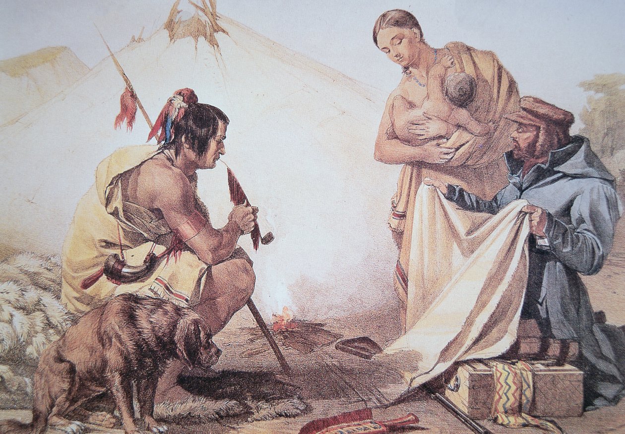 Native Americans trading fur by American School