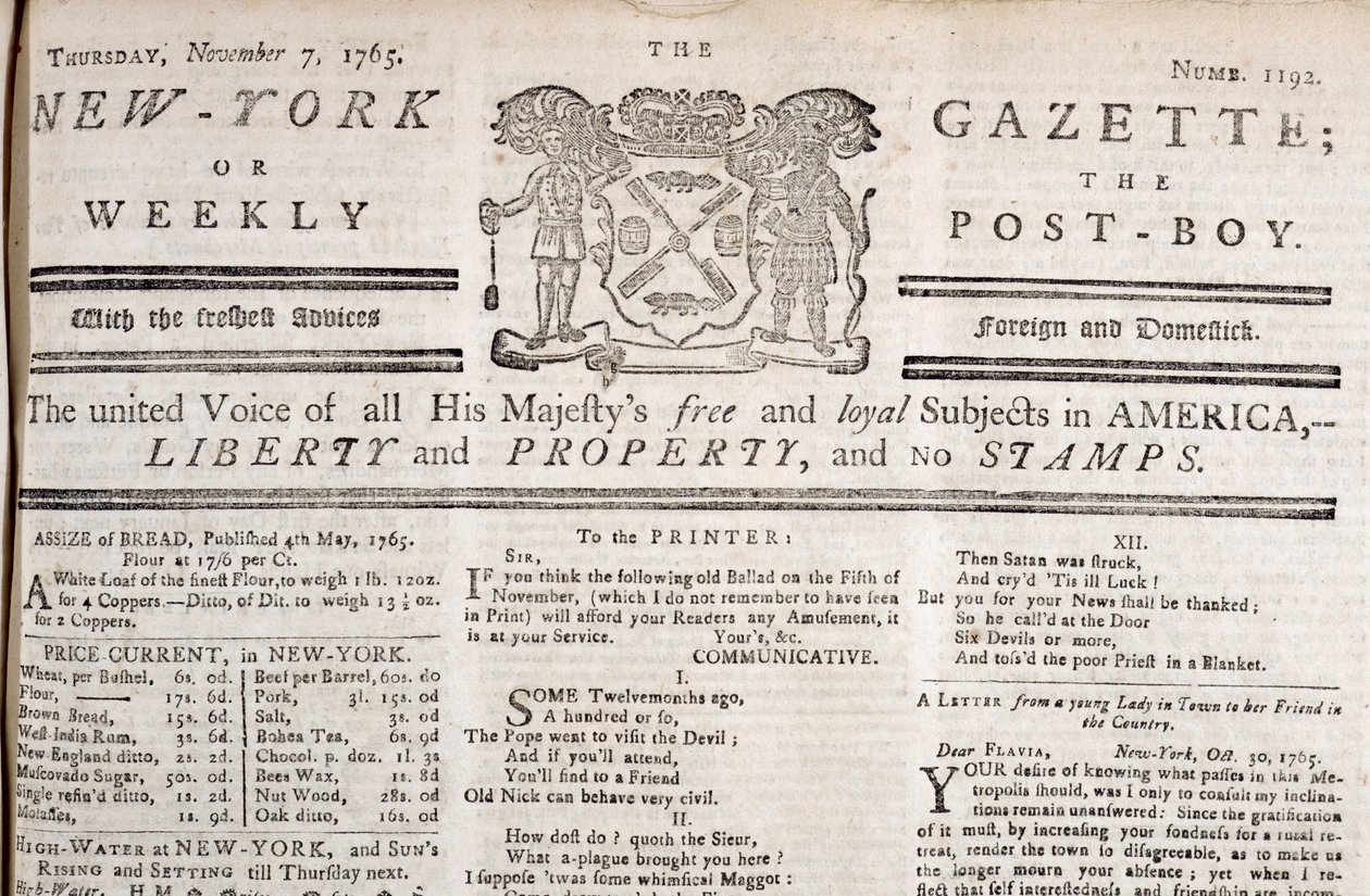 New York Gazette masthead declaring its opposition to the stamps, printed 7th November 1765 by American School