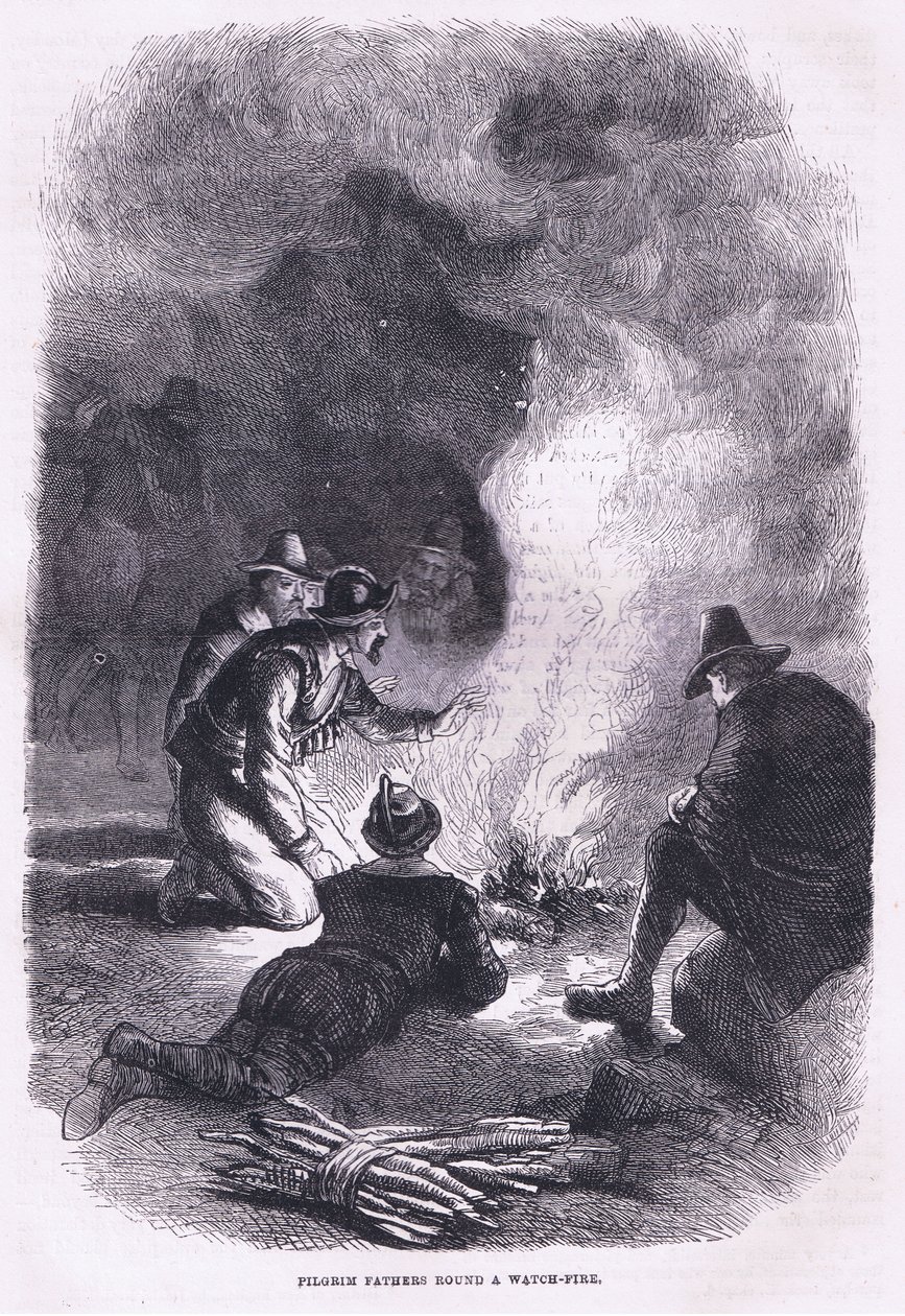 Pilgrim Fathers around a watch fire, illustration from Cassell's ...