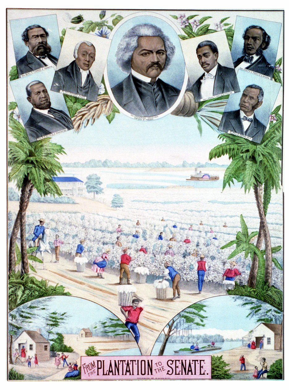 Plantations in the Senate: illustration depicting black workers in cotton plantations and black senators in the southern United States. by American School