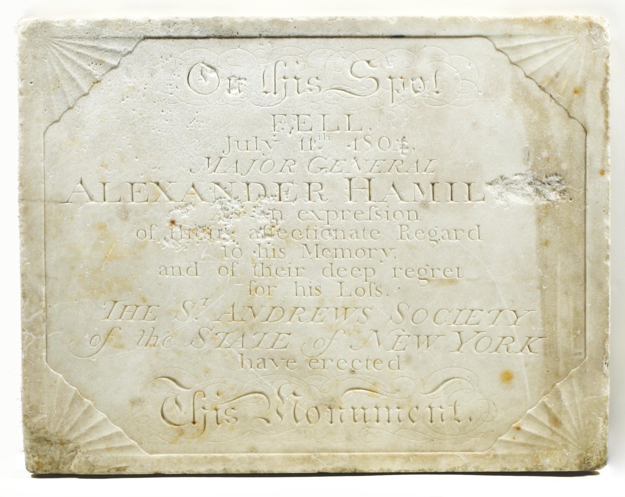 Plaque for the cenotaph marking the spot where Alexander Hamilton was mortally wounded during a duel with Aaron Burr by American School
