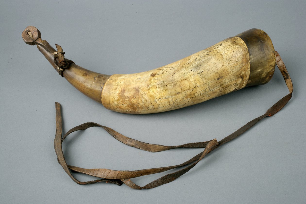 Powder Horn with strap and stopper, 1773 (horn, wood, leather and metal)