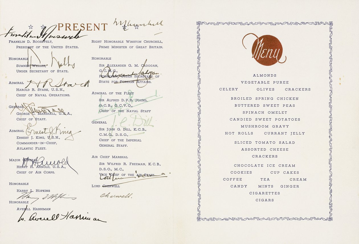 Printed Menu Signed by Winston Churchill and Franklin D. Roosevelt, U.S Flagship Augusta, Ship