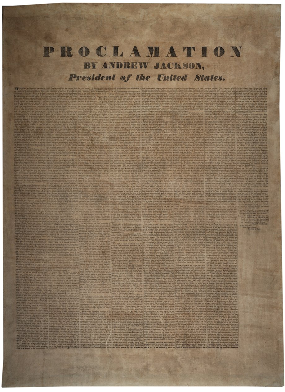 Proclamation by Andrew Jackson (1767-1845), President of the United States, 10 December 1832 by American School