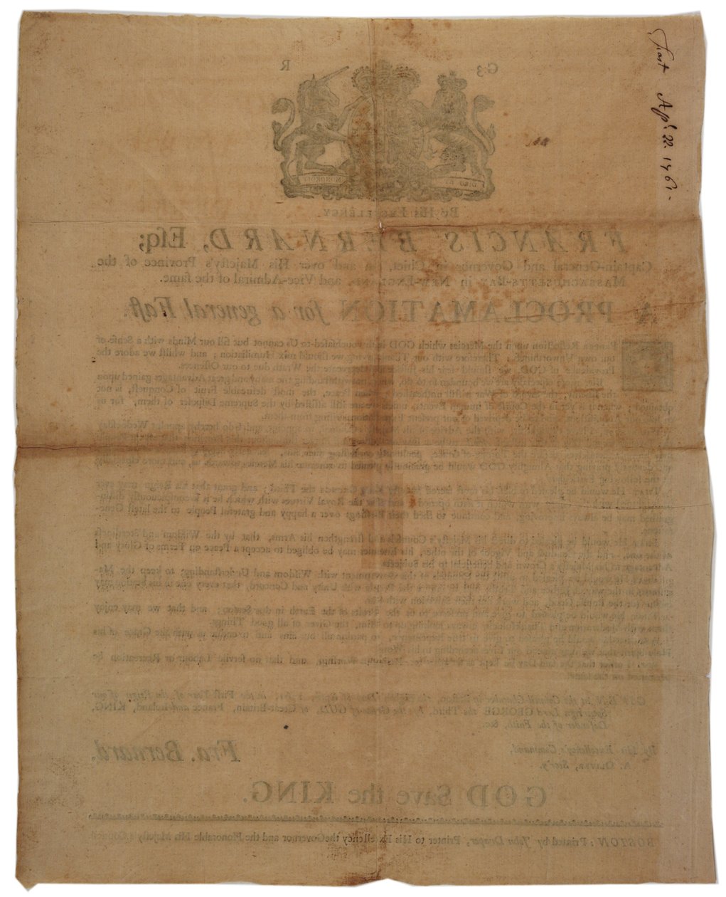 Proclamation in the name of Francis Bernard, Governor of Massachusetts Bay: announcing a day of fasting during French & Indian War, 8th April, 1761 by American School