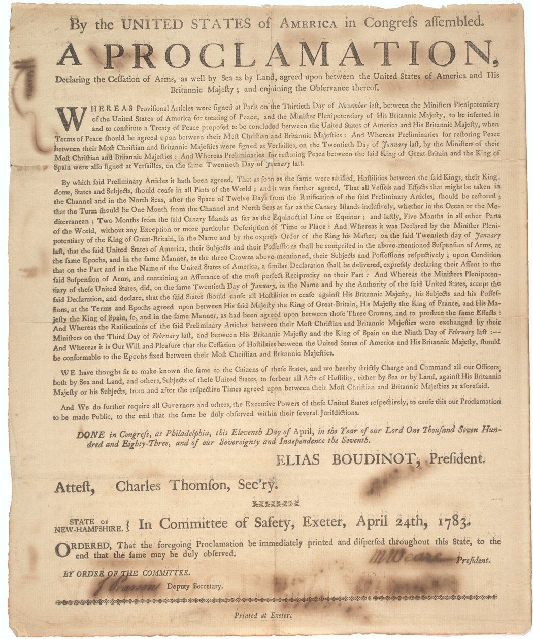 Proclamation of Congress Declaring Cessation of Arms and End of War, 24th April 1783 by American School
